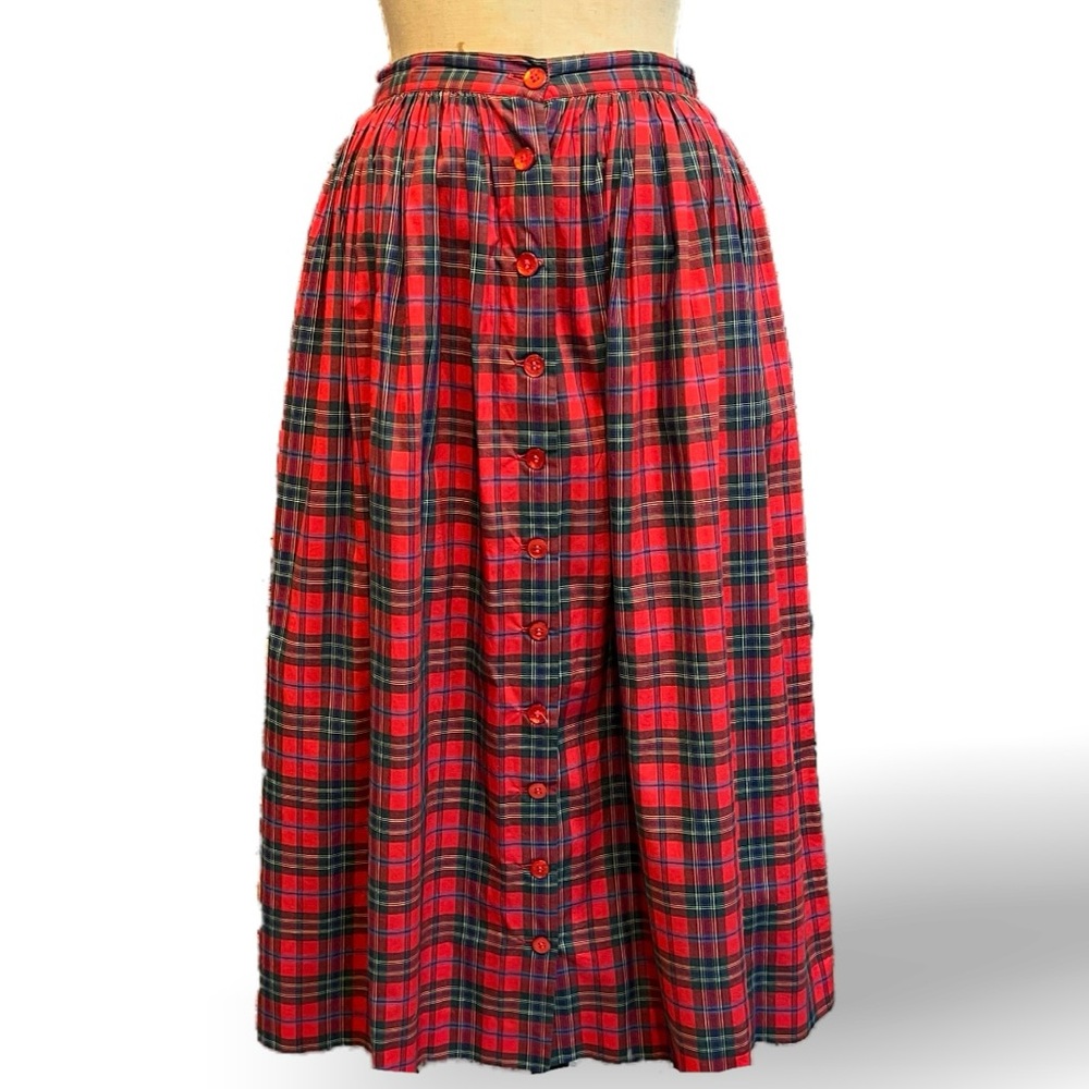 VINTAGE tartan plaid traditional full‎ midi skirt button front 100% cotton 80s